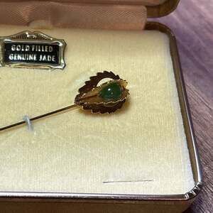 Vintage Gold Filled Genuine Jade Lapel Pin